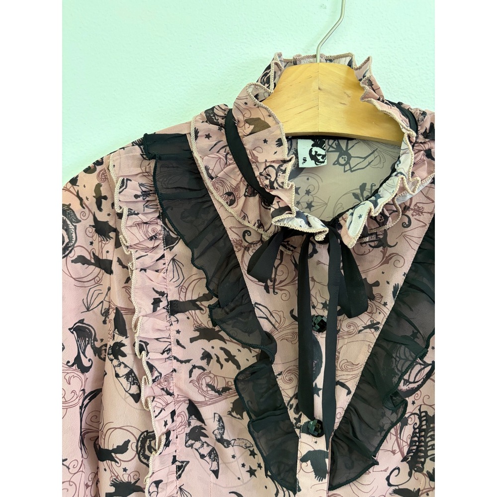 Vintage Y2K Spin Doctor Goth Fairy Grunge Ruffle Sheer Blouse Pink‎ Black Small - Picture 2 of 6